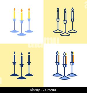 Candles in holder icon set in flat and line style. Chandeliers with burning candle sticks symbol. Home interior decor. Vector illustration. Stock Vector