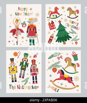 Happy New Year Nutcrackers Vector banners set on Light Background. Postcard. Tchaikovsky Ballet. Christmas illustration. Stock Vector