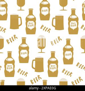 Beer bottles, glasses and the word Beer seamless vector pattern background. Hand-drawn alcoholic drinks bottles , frothy beer mugs and text backdrop Stock Vector