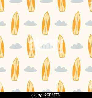 Surfing seamless pattern with hand drawn surfboard Stock Vector