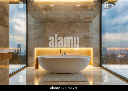 Light bathroom interior with bathtub, sink and panoramic window. Bathing Room Interior Design Stock Photo