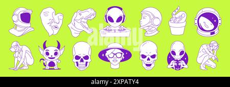 Y2k trendy pop art science fiction futuristic contemporary tattoos vector illustrations set. Surreal human characters, aliens, virtual reality graphic Stock Vector