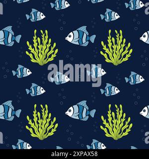 Sea bottom pattern with blue fish and green algae on dark blue background, seamless marine pattern. Vector illustration Stock Vector
