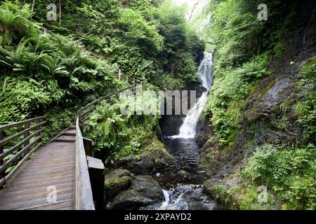 boardwalk and ess-na-larach waterfall in glenariff forest park, county antrim, northern ireland, uk Stock Photo