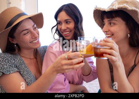 Three woman toasting ,dinner happy friends Stock Photo