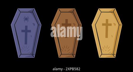 Colorful Vector Set of Wooden Coffin with Lid, Burial Box with Cross for Cemetery, Christian Funeral Concept Stock Vector