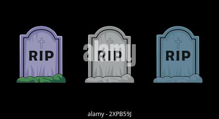 Set of Headstone, Tombstone Vector illustration, RIP Gravestones with Cross for Halloween, cemetery or tomb, funeral elements concept Stock Vector