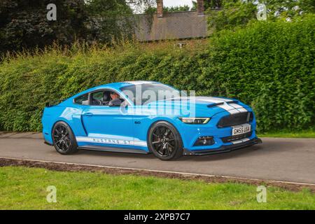 2018 Blue Ford Mustang GT,  Ti-VCT V8 Ecoboost Car Coupe Petrol Engine 4951 cc 6b; arriving in Worden Park Motor Village for the Leyland Festival, UK Stock Photo