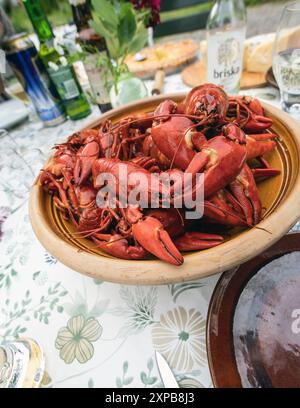 Freshly cooked crayfish on a set table Stock Photo