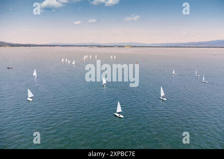 yacht regatta on the Danube River in Serbia, where sailboats compete under the summer sun, offering a picturesque view of European maritime sports. Stock Photo