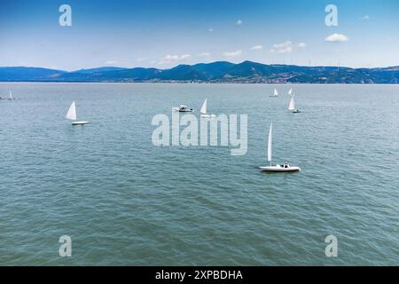 yacht regatta on the Danube River in Serbia, where sailboats compete under the summer sun, offering a picturesque view of European maritime sports. Stock Photo