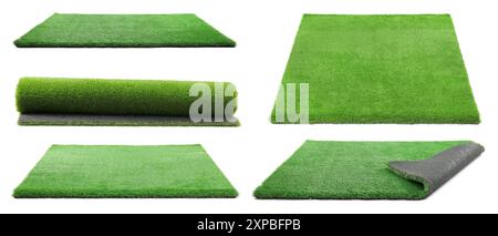 Green artificial turf isolated on white, set Stock Photo