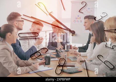 Team of businesspeople working in office, clock, double exposure. Time management Stock Photo
