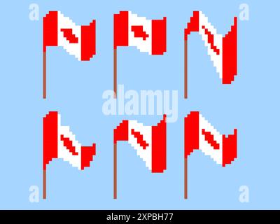 Pixel Canada flag icon set isolated on white background. Waving flag of Canada in 8-bit retro graphics style from the 80s. Design in pixel art style f Stock Vector