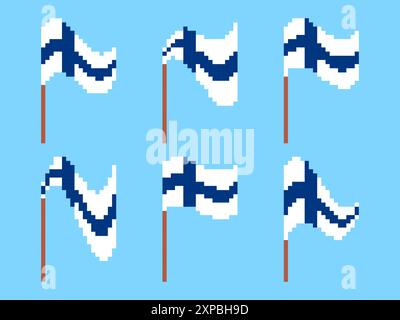 Pixel Finland flag icon set isolated on white background. Waving flag of Finland in 8-bit retro graphics style from the 80s. Design in pixel art style Stock Vector