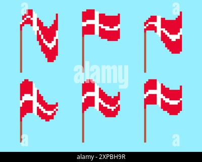 Pixel set of Denmark flag icons isolated on white background. Waving flag of Denmark in 8-bit retro graphic style of 80s. Pixel art style design for b Stock Vector