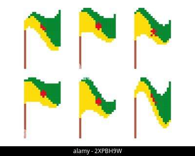 Pixel set of French Guiana flag icons isolated on white background. Waving French Guiana flag in 8-bit retro graphic style from the 80s. Pixel art sty Stock Vector