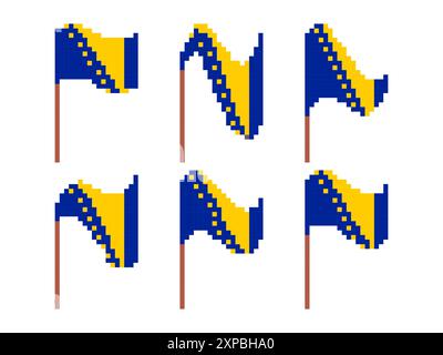 Bosnia and Herzegovina flag pixel icon set isolated on white background. Waving flag of Bosnia and Herzegovina in 8-bit retro graphic style from the 8 Stock Vector