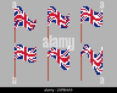 United Kingdom flag pixel icon set isolated on white background. Waving UK flag in 8-bit retro graphic style of the 80s. Pixel art style design for ba Stock Vector