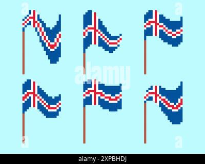 Pixel Iceland flag icon set isolated on white background. Waving flag of Iceland in 8-bit retro graphics style from the 80s. Design in pixel art style Stock Vector