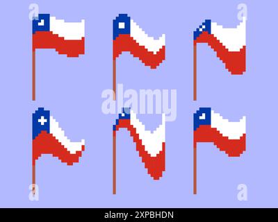 Pixel Chile flag icon set isolated on white background. Waving flag of Chile in 8-bit retro graphics style from the 80s. Design in pixel art style for Stock Vector