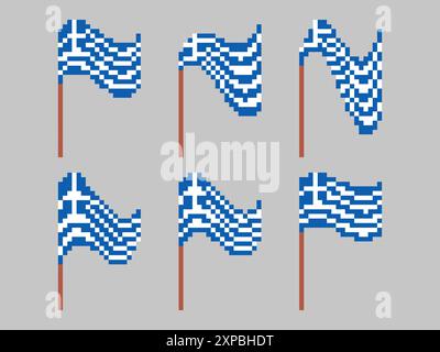 Pixel set of Greece flag icons isolated on white background. Waving flag of Greece in 8-bit retro graphic style of 80s. Pixel art style design for ban Stock Vector