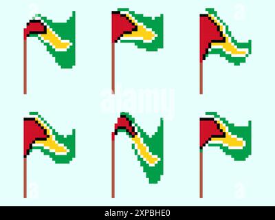 Pixel Guyana flag icon set isolated on white background. Waving flag of Guyana in 8-bit retro graphics style from the 80s. Design in pixel art style f Stock Vector