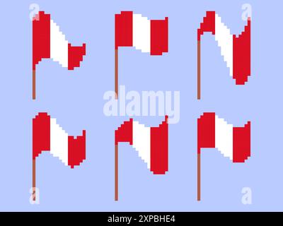 Pixel Peru flag icon set isolated on white background. Waving flag of Peru in 8-bit retro graphics style from the 80s. Design in pixel art style for b Stock Vector