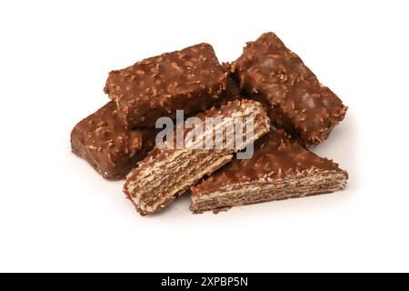 Chocolate coconut wafer bar isolated on white background. Tasty chocolate bar. Stock Photo