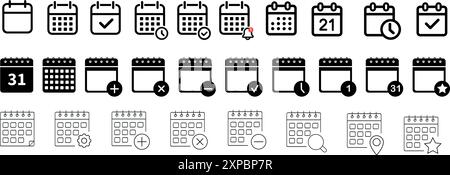 Calendar icon set. Containing date, schedule, month, week, appointment, agenda, organization and event icons Stock Vector