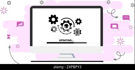 Loading process on a computer screen. System software update, data upgrade, or synchronization with a progress bar. Stock Vector