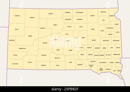 South Dakota, U.S. state, subdivided into 66 counties, political map with borders and county names. State in the North Central region of the USA. Stock Photo