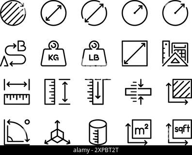 Icon set about length, weight and volume. Line icons on transparent background with editable stroke. Vector illustration Stock Vector