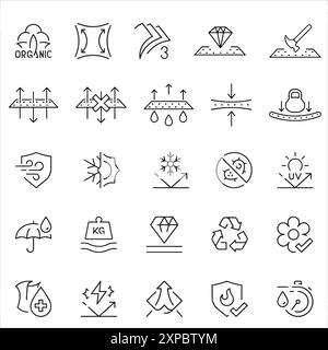 MobileFabric features, thin line icon set. Fabrics features and properties symbols, editable stroke. Vector illustration Stock Vector