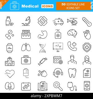 Medical outline icons with editable stroke collection. Stock Vector