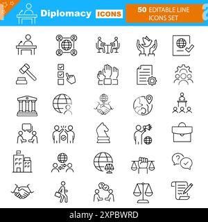 Set of 24 line diplomacy icons. Partners. Editable stroke.  Stock Vector