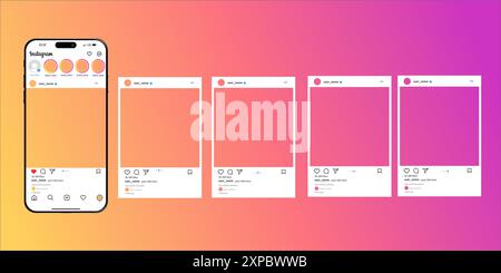 Post Instagram feed frame mockup with smartphone Iphone 15 pro max mock up template design illustration vector Stock Vector