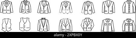 Mens Clothing editable stroke outline icons set.Overcoat, blazer, shirts. Vector illustration. Stock Vector
