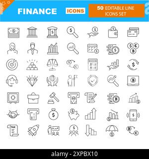Finance outline icons with editable stroke collection. Includes Money, Bank, Savings, Global Business, Tax, and More.  Stock Vector