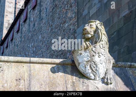 Stone lion with heraldic shield on Animal Walk, Bute Park, Cardiff UK. Sculpture in 1880s by William Frame to the designs drawn by William Burges. Stock Photo