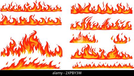 Cartoon fire borders, flame frame, blazing dividers, hot flaming banners, wildfire campfire and ignite elements Stock Vector