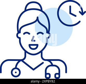 Female family doctor with stethoscope and clock. Health clinic working hours. Medical service schedule. Healthcare appointment. Pixel perfect Stock Vector