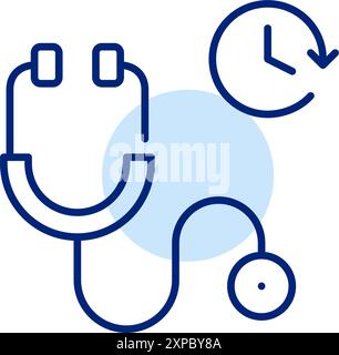 Stethoscope and clock. Medical appointment reminder. Timely checkup scheduling. Pixel perfect, editable stroke icon Stock Vector