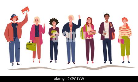 Group of seven happy friends. Young people together. People greeting gesture flat vector illustration in flat style Stock Vector