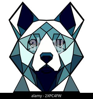 Geometric dog head with a white background and blue accents on the face of a dog, with a black border around the head. Vector art, sots art, low poly Stock Vector