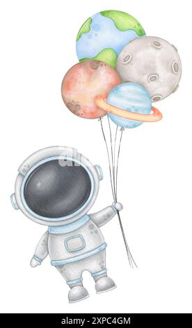 Astronaut flies balloons, children's space print Stock Photo