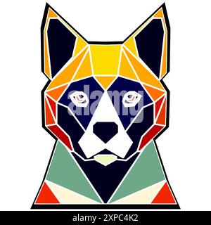 Dog head with a colorful geometric pattern on its face and a white background with a black border. Vector art, sots art, low poly, cubo-futurism Stock Vector