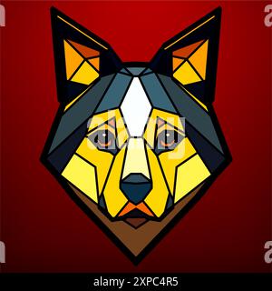 Geometric dog head on a red background with a black border around. Vector art, sots art, low poly, cubo-futurism, sticker, cartoon avatar, animal logo Stock Vector
