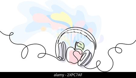 Headphones with apple and plants. Continuous one line drawing Stock Vector
