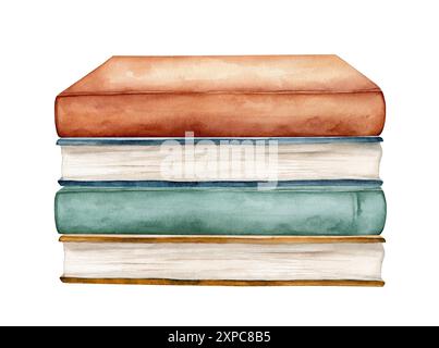 Watercolor illustration stacks of books for reading, pile of textbooks for education. Set of literature, dictionaries, encyclopedias. Colored Stock Photo